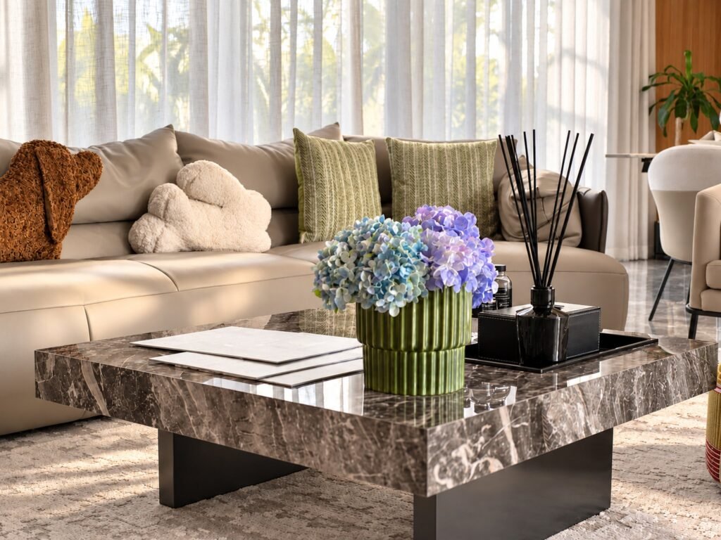 Marble coffee table with hydrangeas in front of the sofa at Villa Oliver, Phuket