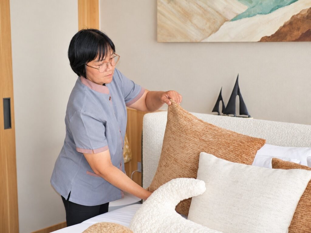 YADALONG CARE housekeeper arranging cushions in a villa bedroom