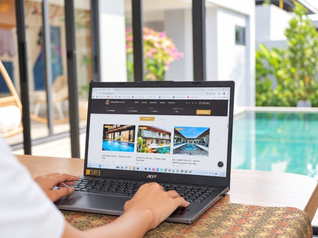 Villa owner checking property information on a laptop beside the pool