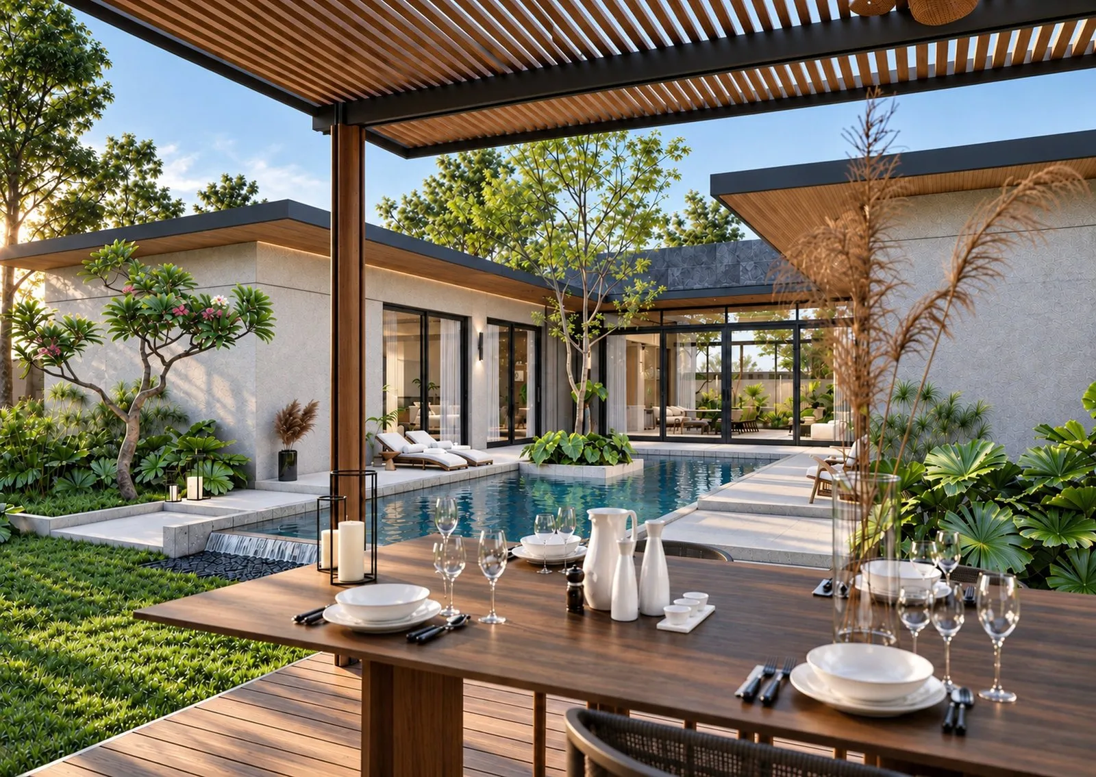 Outdoor dining under the pergola beside the pool (artist's impression).