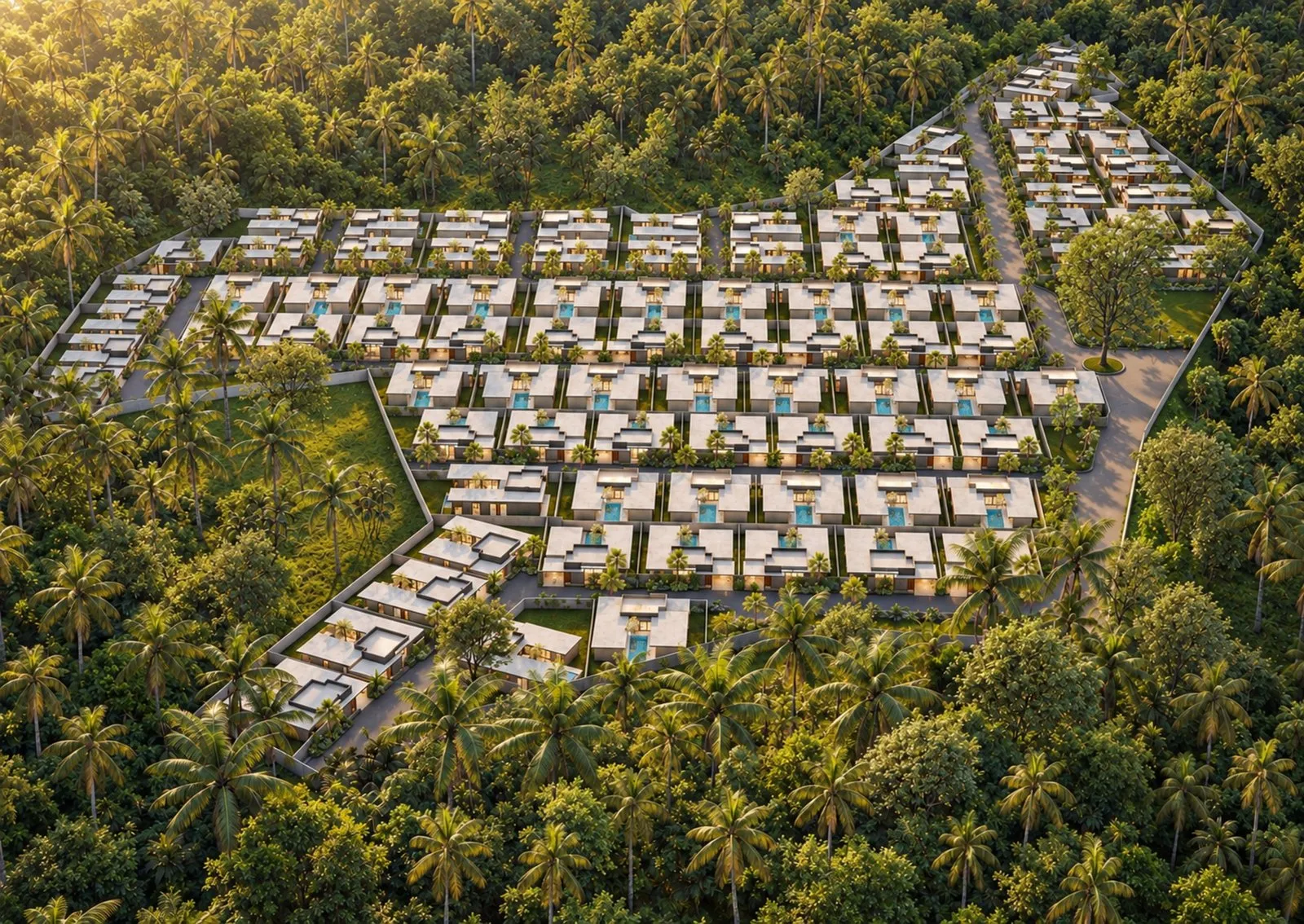 Aerial view of the site among tropical trees (artist's impression).