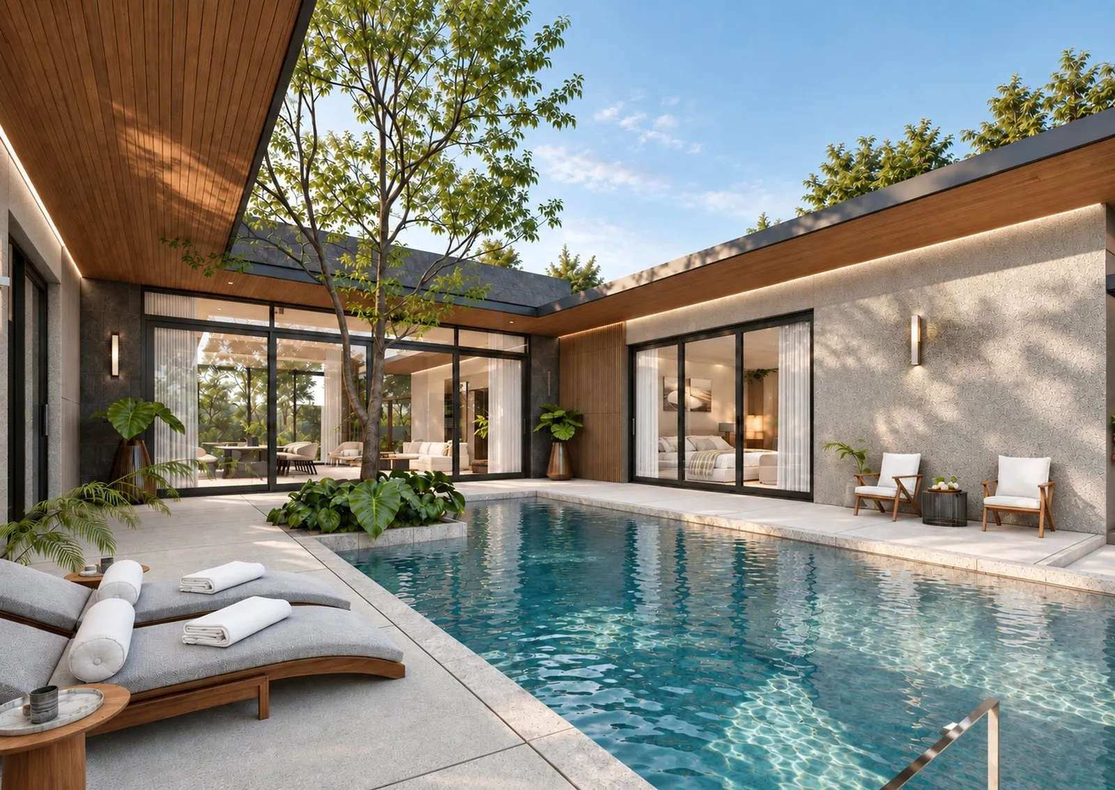 Pool courtyard with sun loungers at Laurinda Villas, Phuket (artist's impression)
