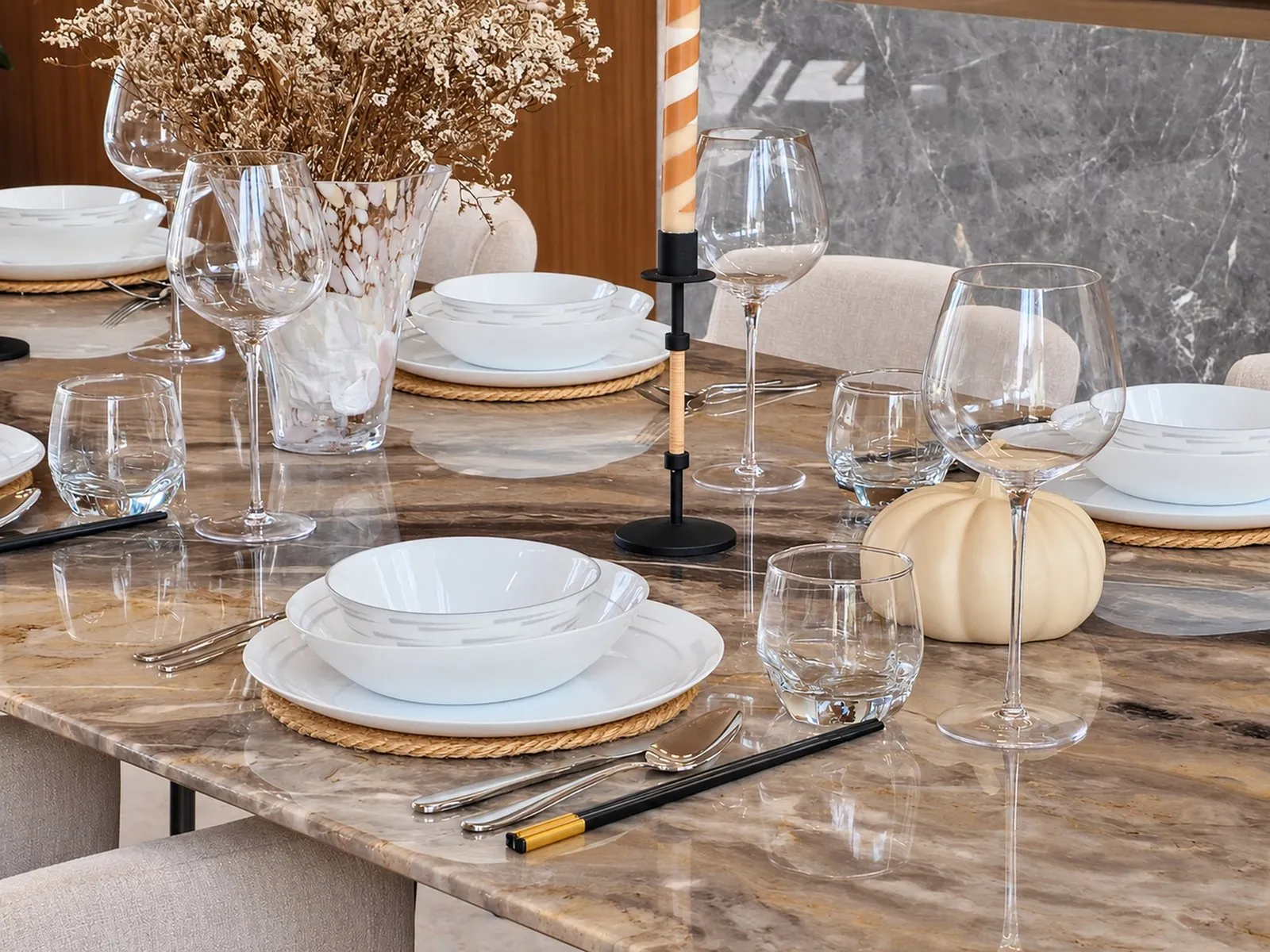 Table setting on the marble dining table.
