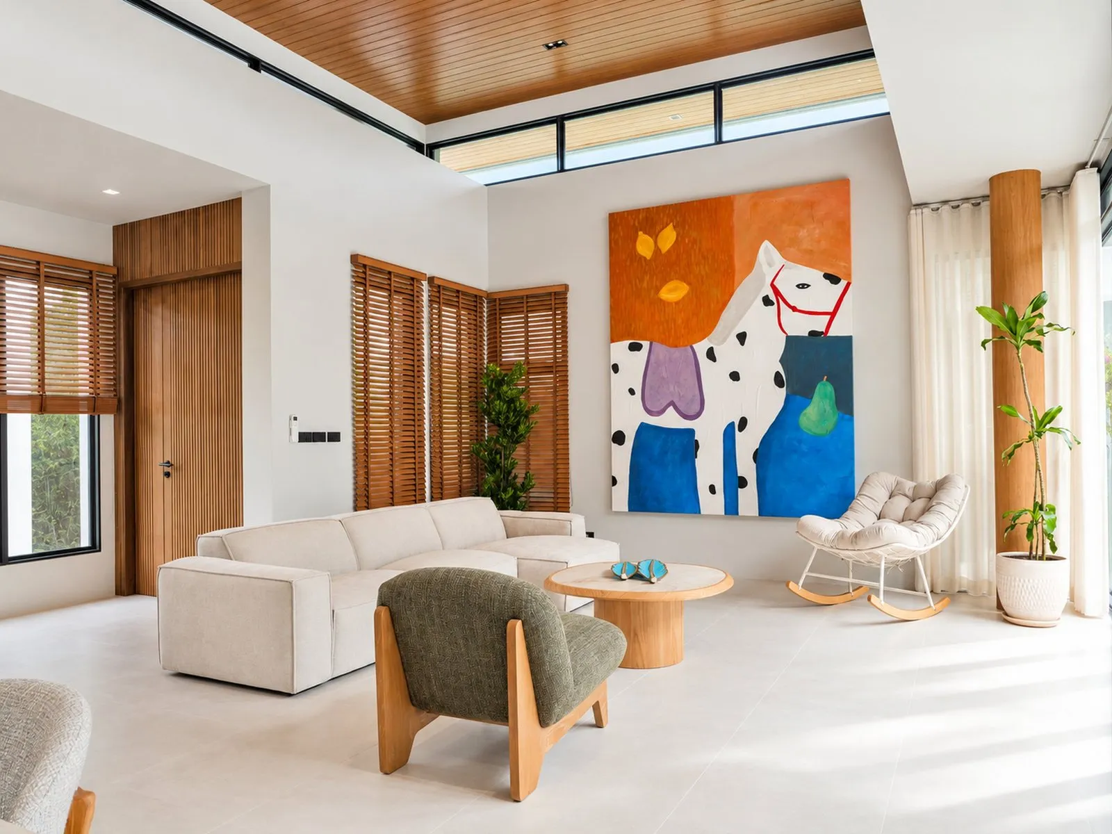 Living room with high windows and a large painting at To’Summer Villa, Phuket
