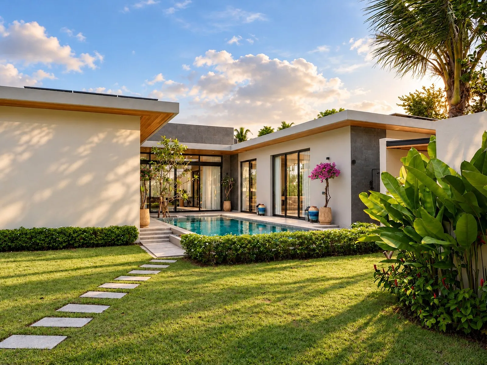 Villa seen across the lawn with stepping stones, the pool and tropical planting at Villa Oliver, Phuket