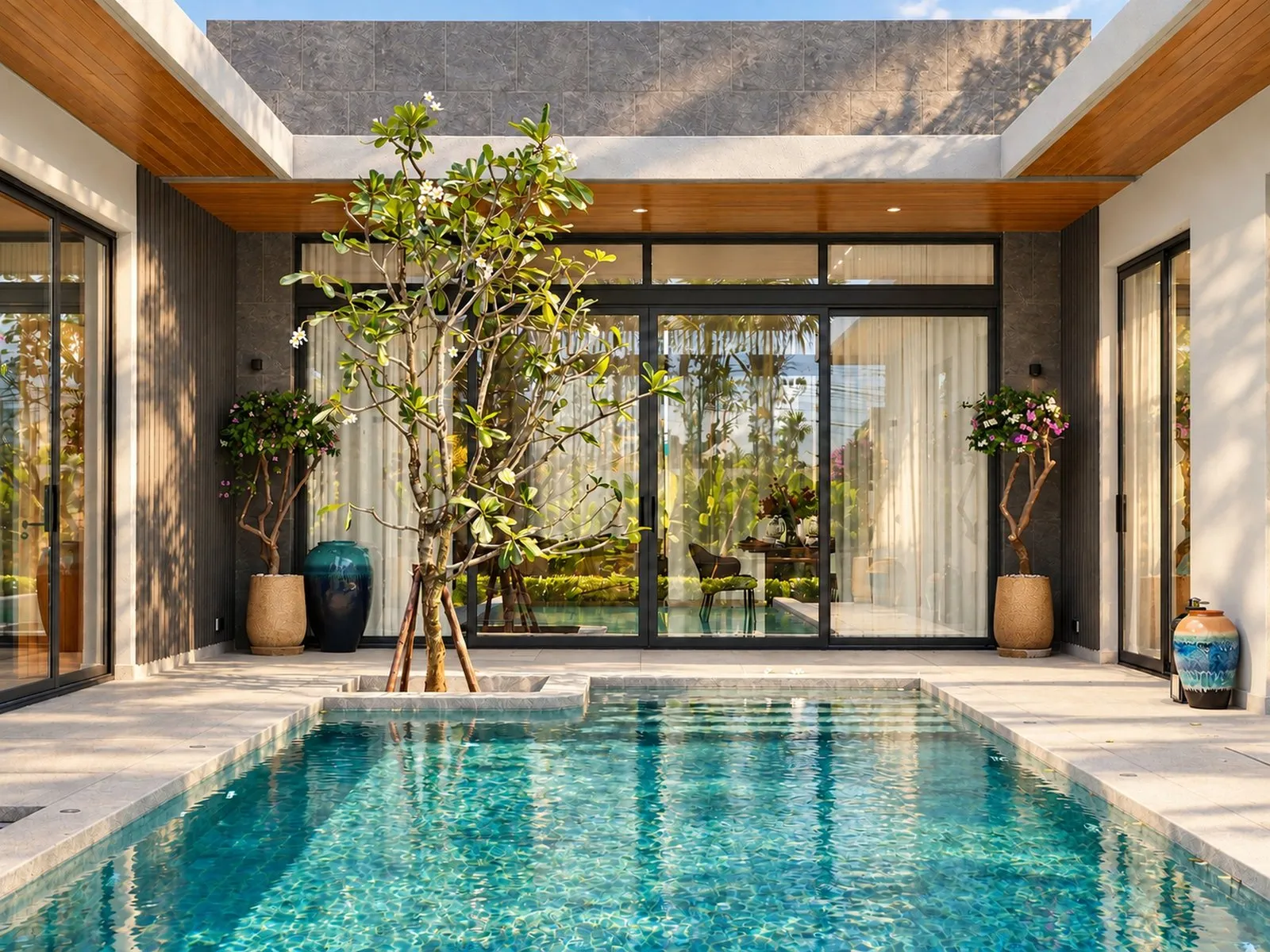 Courtyard pool with a frangipani tree and the glass-walled living pavilion at Villa Oliver, Phuket