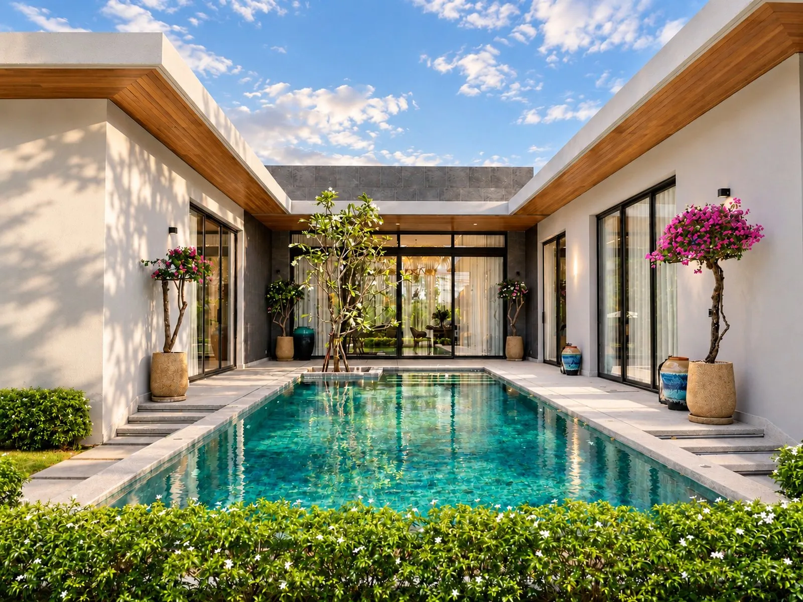 U-shaped courtyard with the private pool, bougainvillea and the living pavilion at Villa Oliver, Phuket