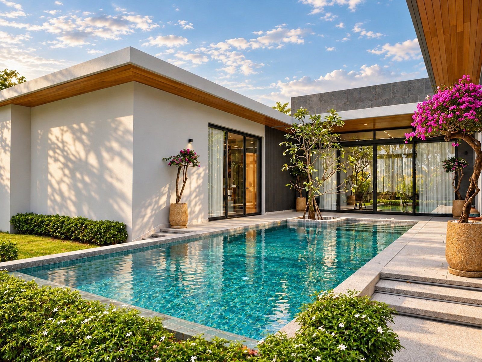 Courtyard pool edged with bougainvillea at Villa Oliver, Phuket