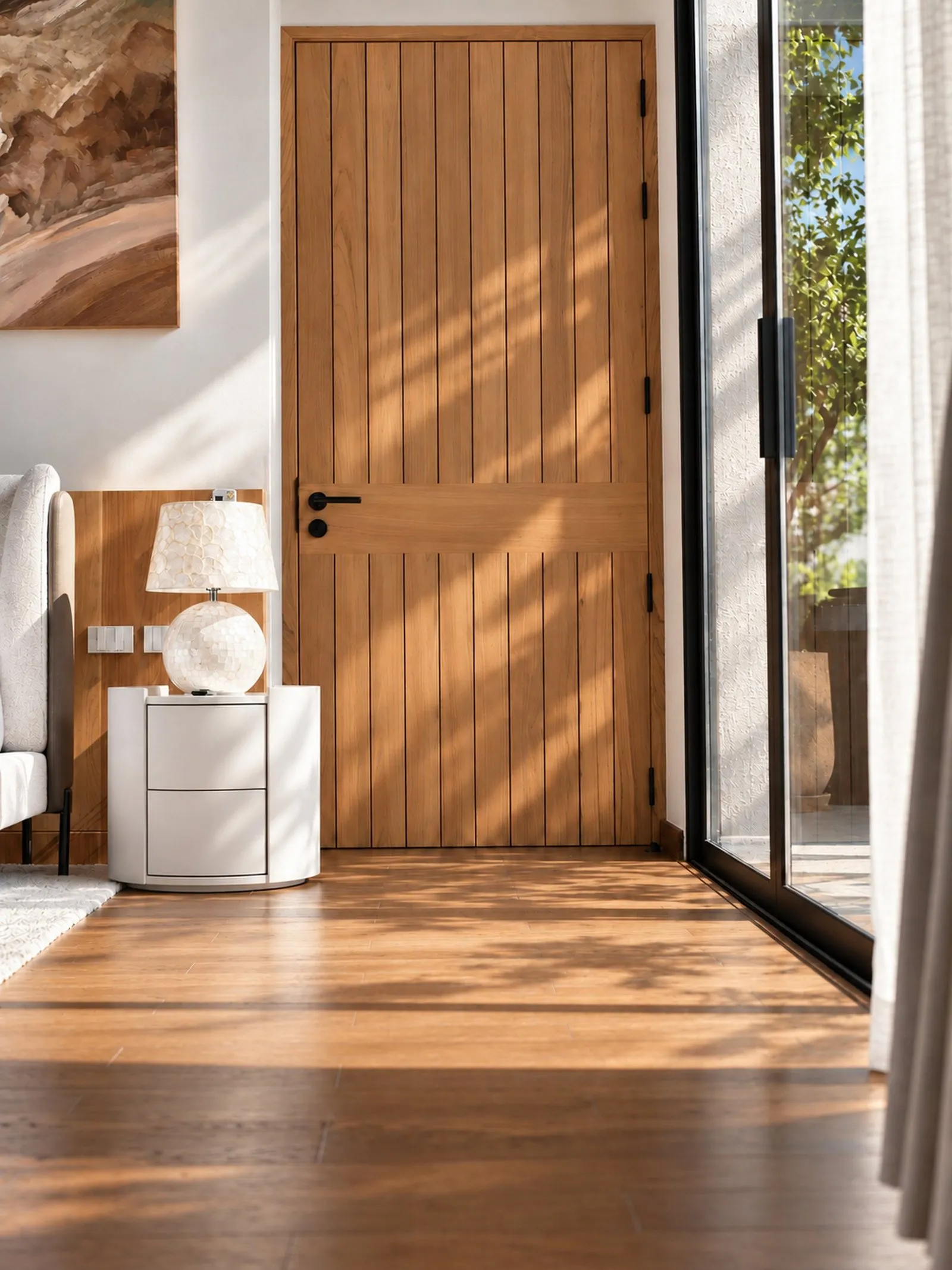 Sunlit timber door and bedside lamp on a wooden floor at Villa Oliver, Phuket
