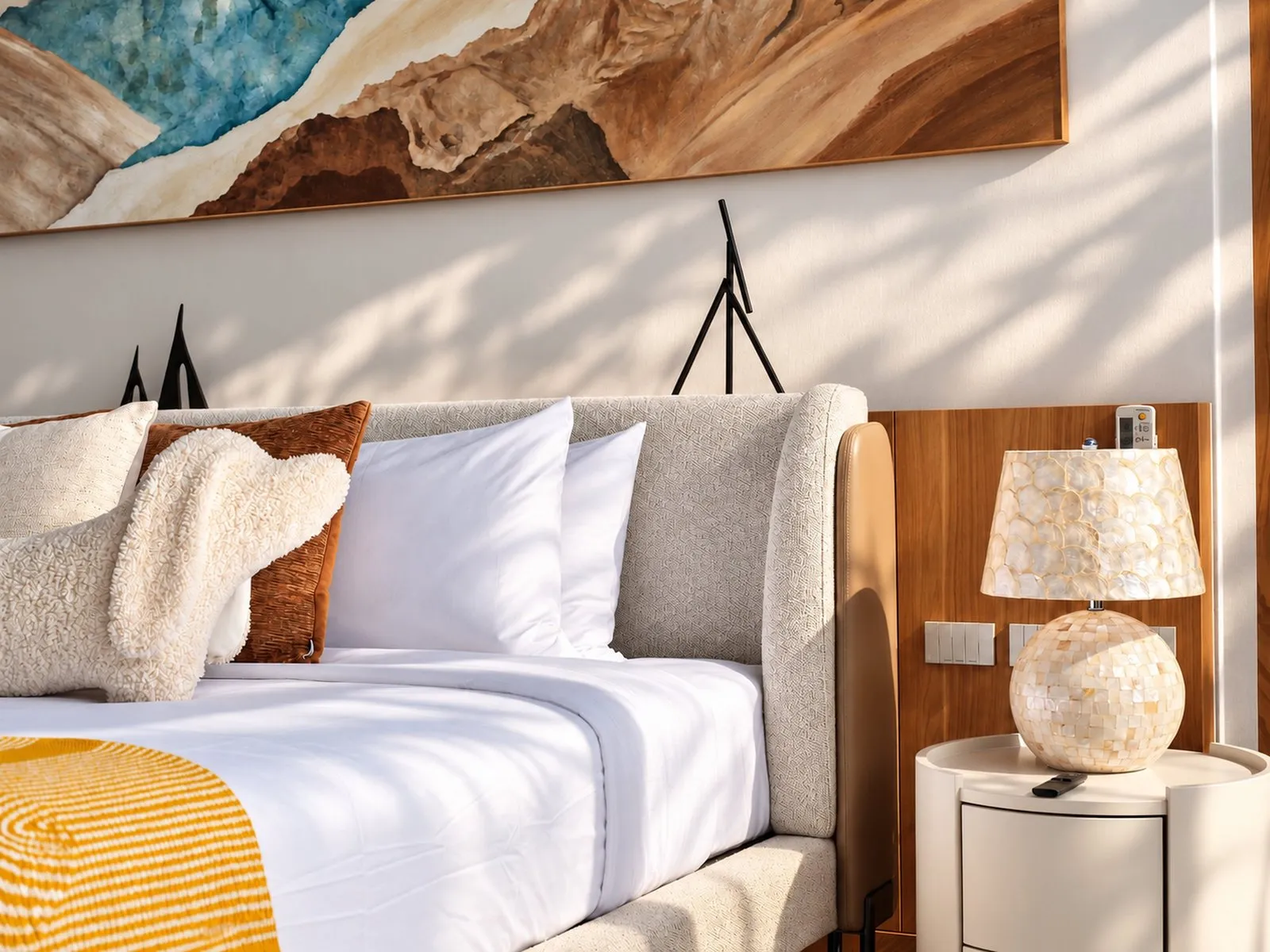 Bed and shell lamp in afternoon light beneath a landscape painting at Villa Oliver, Phuket