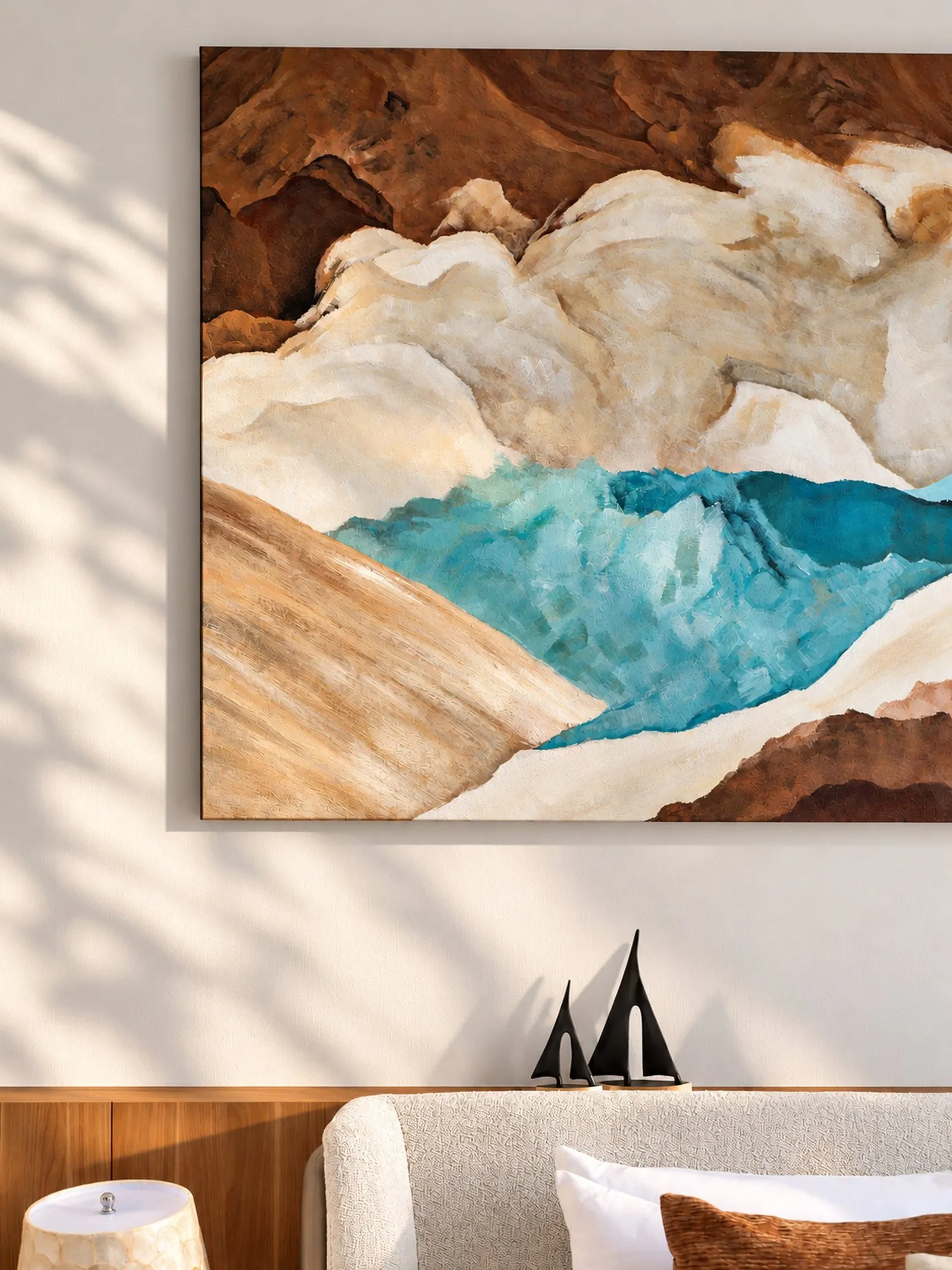 Landscape painting above the upholstered headboard at Villa Oliver, Phuket